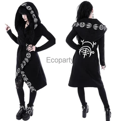 New Women's Vintage Punk Cardigan Hoodie Jacket Black Moon Printed Long Sleeved Witch Cosplay Hooded Sweater Lady Gothic Outwear