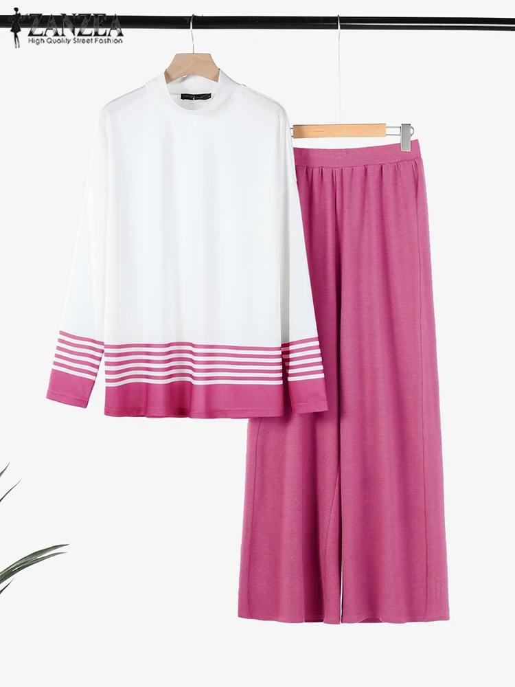 

ZANZEA 2025 Summer Women Loose Outfits Long Sleeve Tops Elastic Waist Wide Leg Pant Sets Colorblock Knitted Two Piece Suits