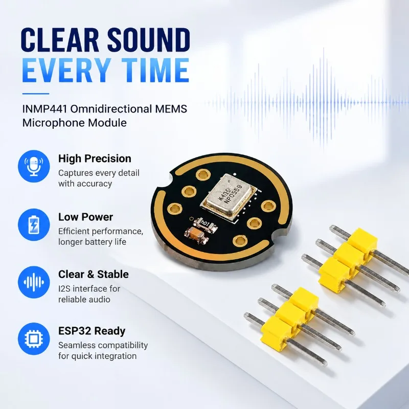 INMP441 Omnidirectional MEMS Microphone Module, High Precision Low Power I2S Interface, Compatible with ESP32
