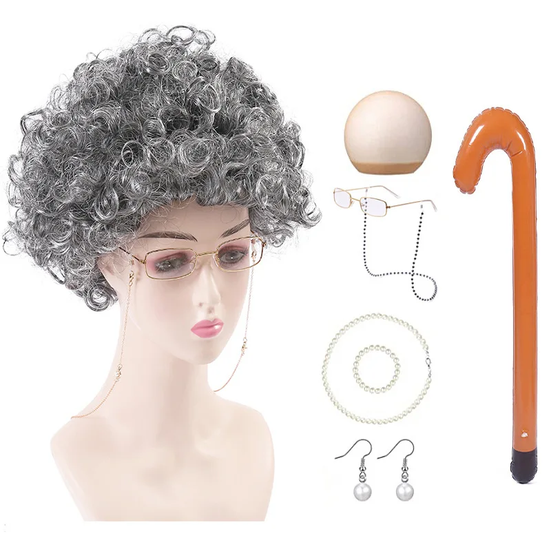 

Old Lady Costume for Women Kids Girls 100th Day of School Dress Up Grandma Grey Wig Granny Glasses Halloween Cosplay Accessory