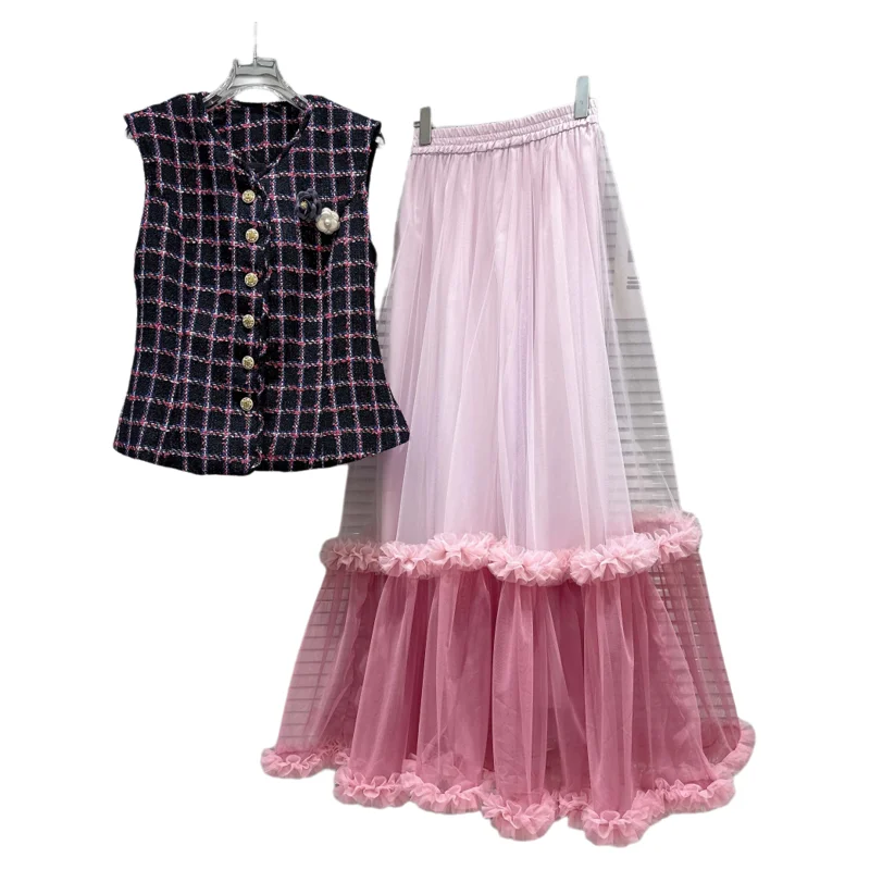 

Summer 2026 Gradient Color Tweed Vest And Skirt Set Women's Fashion Outfit Short Sleeve V-Neck Button Style French Style