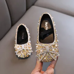 Girls Leather Shoes New Fashion Sequins Bling Bow Baby Girl Shoes Soft Bottom Kids Princess Party Dance Performance Shoes H791