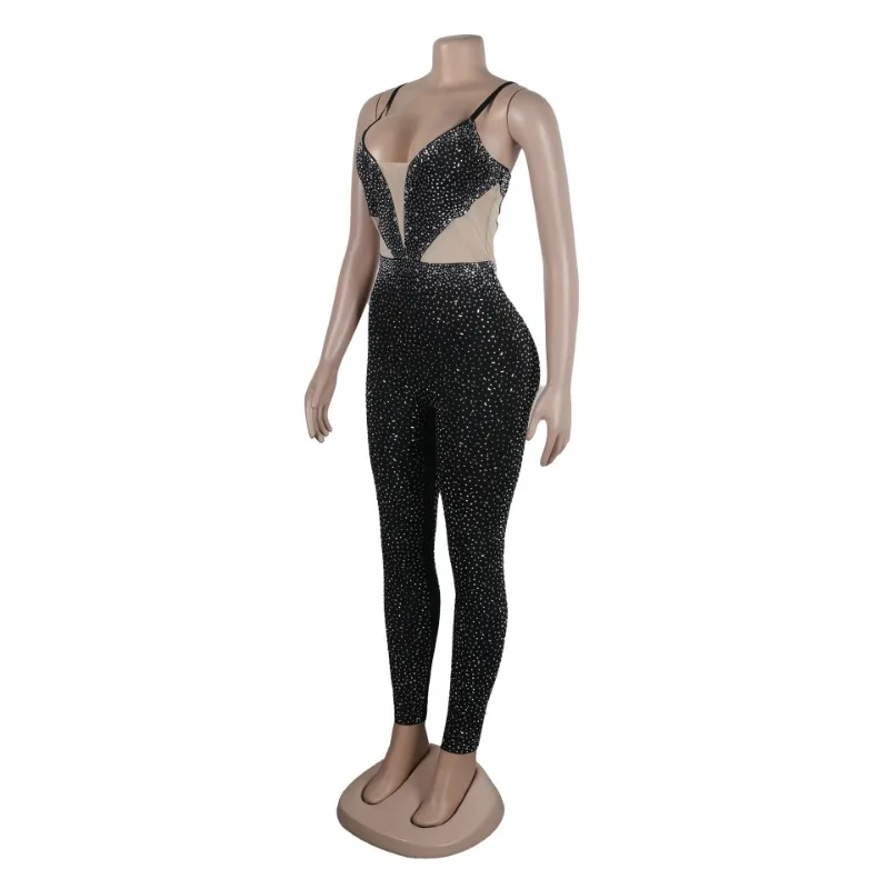 Mesh Patchwork Hot Diamonds Bodycon Jumpsuit Women Spaghetti Strap Sleeveless Zipper High Waist Luxury Rompers Club Partywear