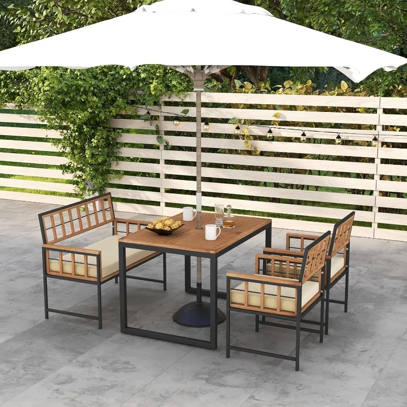 4 Piece Patio Dining Set, Outdoor Wood Dining Furniture W/ 2 Chairs & 1 Loveseat, 47” Acacia Wood Table W/Umbrella Hole