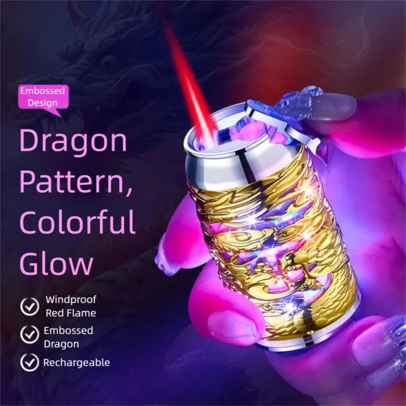 

Windproof Straight Forward Red Flame Butane Inflatable Lighter with 3D Embossed Dragon Pattern Lighter with Colorful Lights