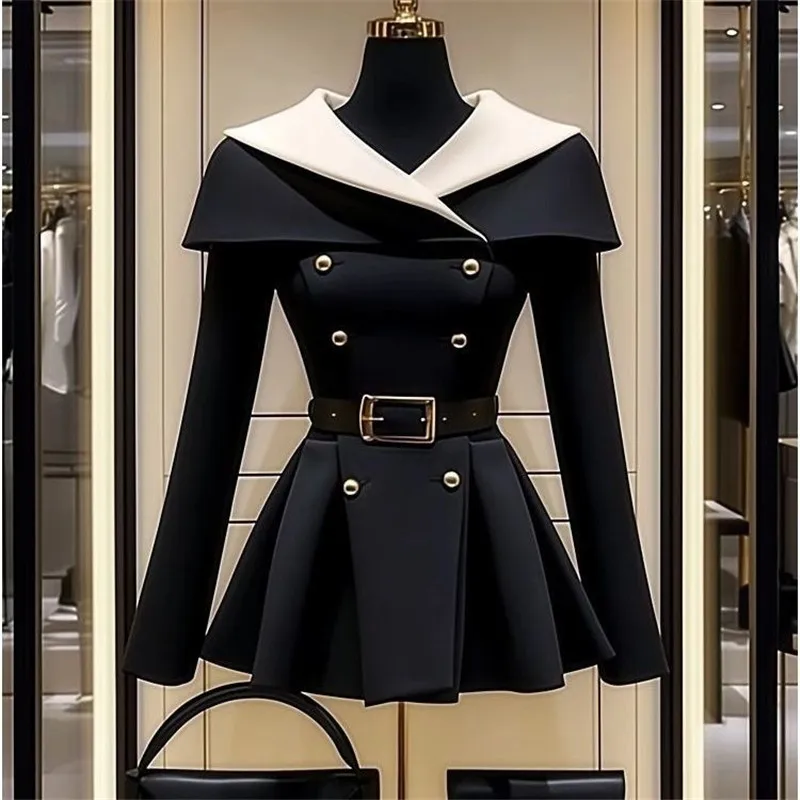 Limiguyue Small Fragrance Double Breasted Jacket Women Waist Cinche Belt Coat High End Pleated Black Outwears Autumn Winter 492P