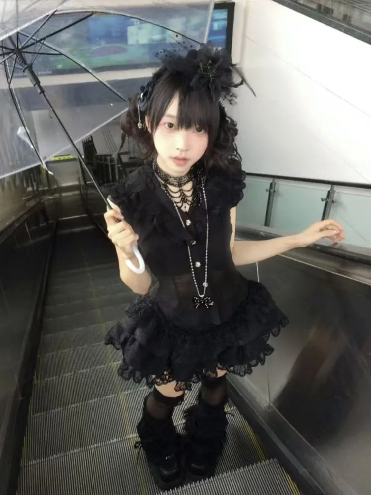 

Gothic Y2k Тонкий кружевной комплект из 2 предметов, женский милый костюм с короткими рукавами и пуговицами для вечеринки, костюм Harajuku, корейский шик, летние комплекты в стиле гранж в стиле Лолита