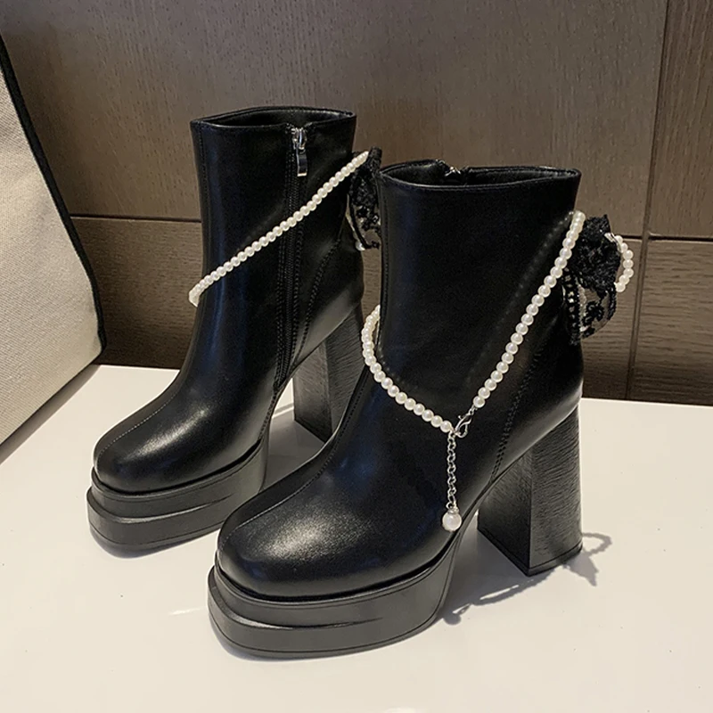 مطرز النساء حذاء من الجلد أحذية عالية الكعب منصة الأحذية الجلدية 2025 شتاء جديد فستان أنيق أحذية مثير مضخات تشيلسي الأحذية #2