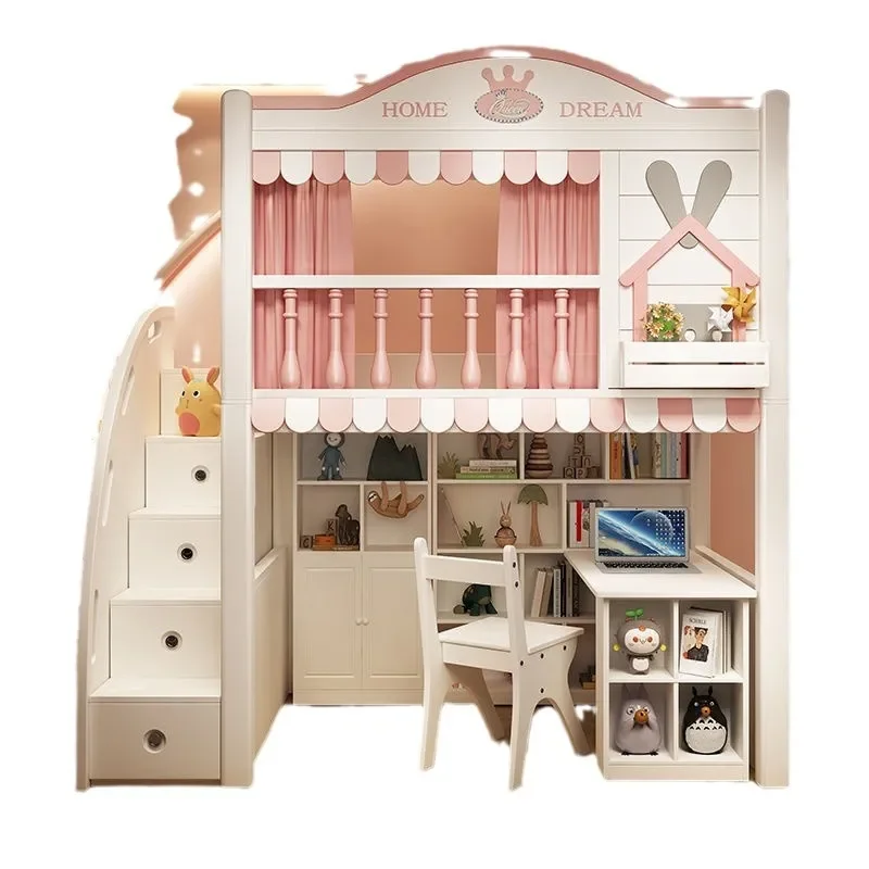 Loft Bed with Desk and Wardrobe Twin Size High Low Bunk Bed Frame for Kids Girls Small Apartment Space Saving Storage Combo