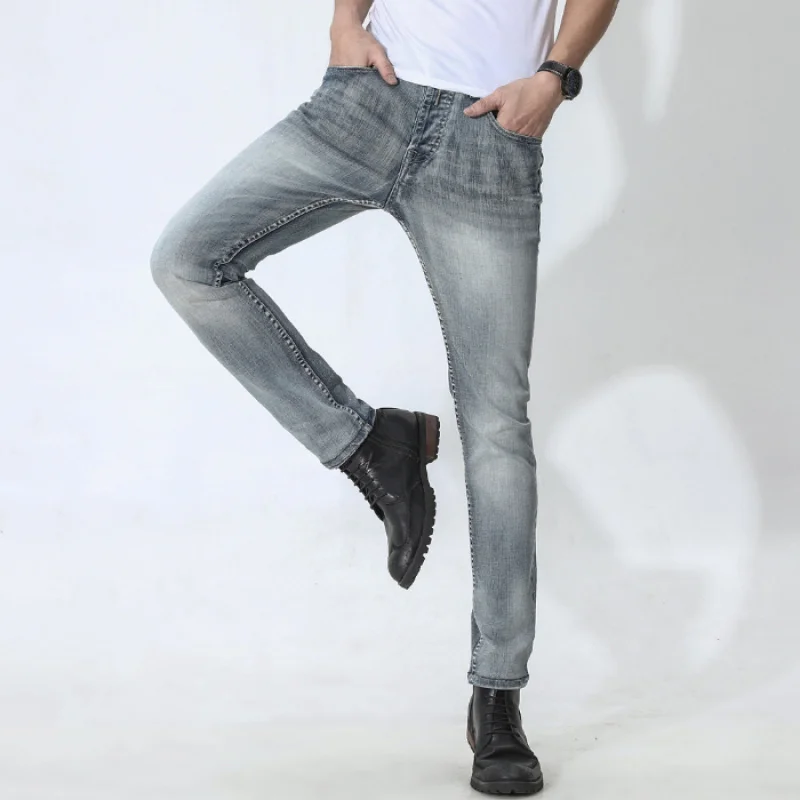 

JXN602 European high-end jeans men 2025 new trend Slim small feet men's elastic denim long trousers