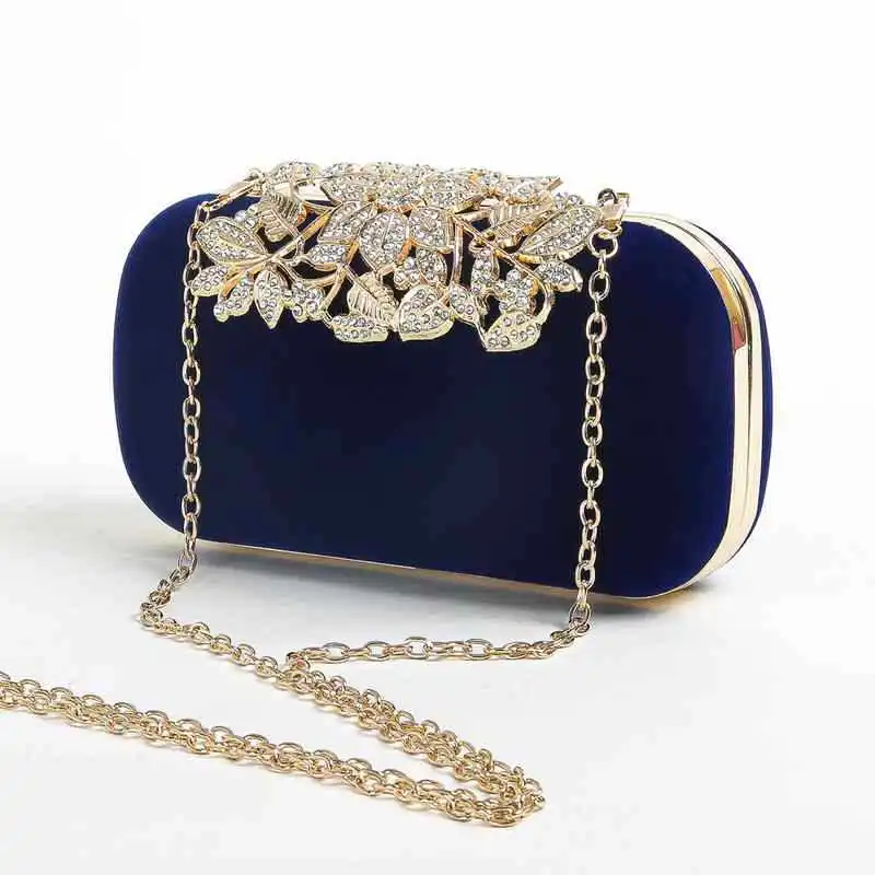 Fashion Elegant Velvet Dinner Evening Bags Wedding Party Handbags Hollow Rhinestone Small Clutches Chain Shoulder Bag For Women