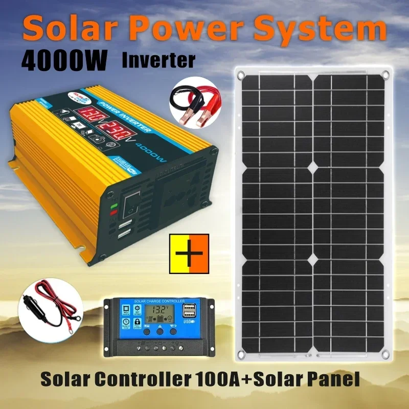 

4000W Solar Inverter Kit Complete 12V to 110V/220V Solar Panel System 12V Solar Panel Battery Charge Controller Power Generation