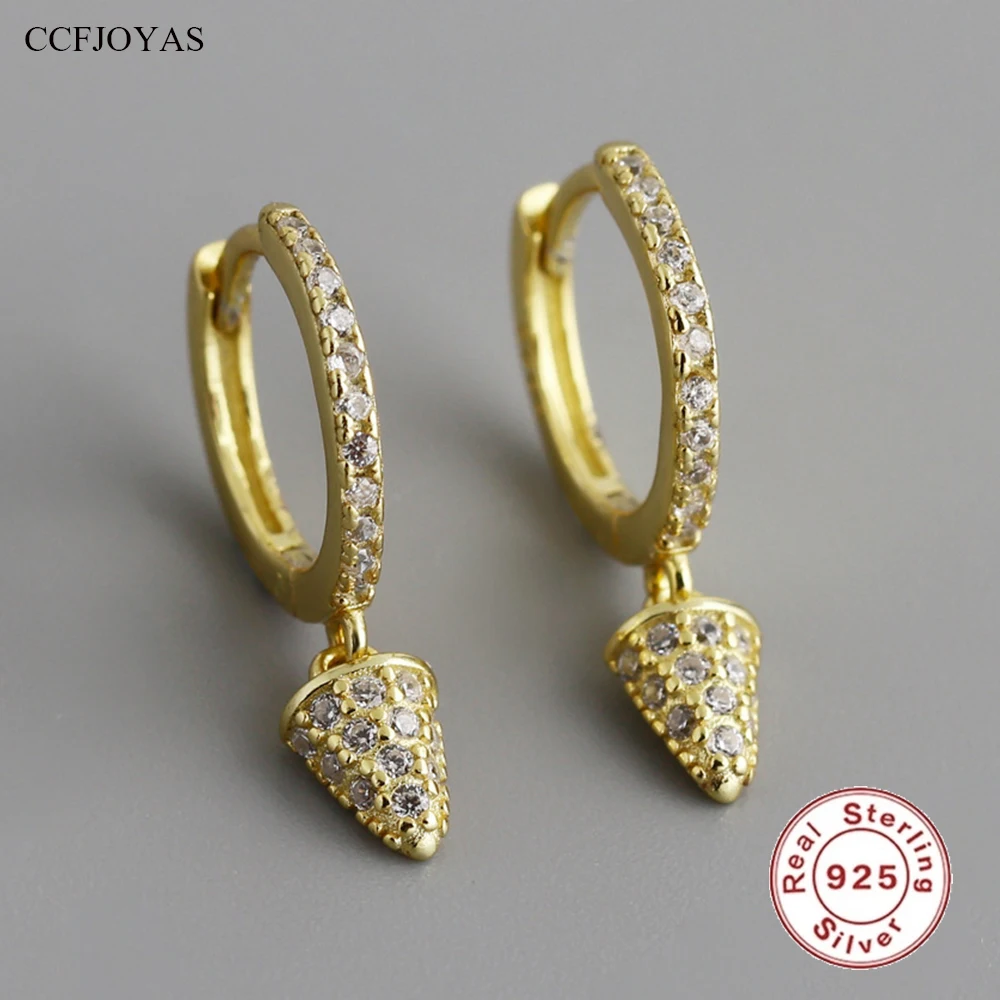 CCFJOYAS 925 Sterling Silver Punk Rock Zircon Pointed Cone Drop Earrings for Women European and American Classic Earrings Jewelr