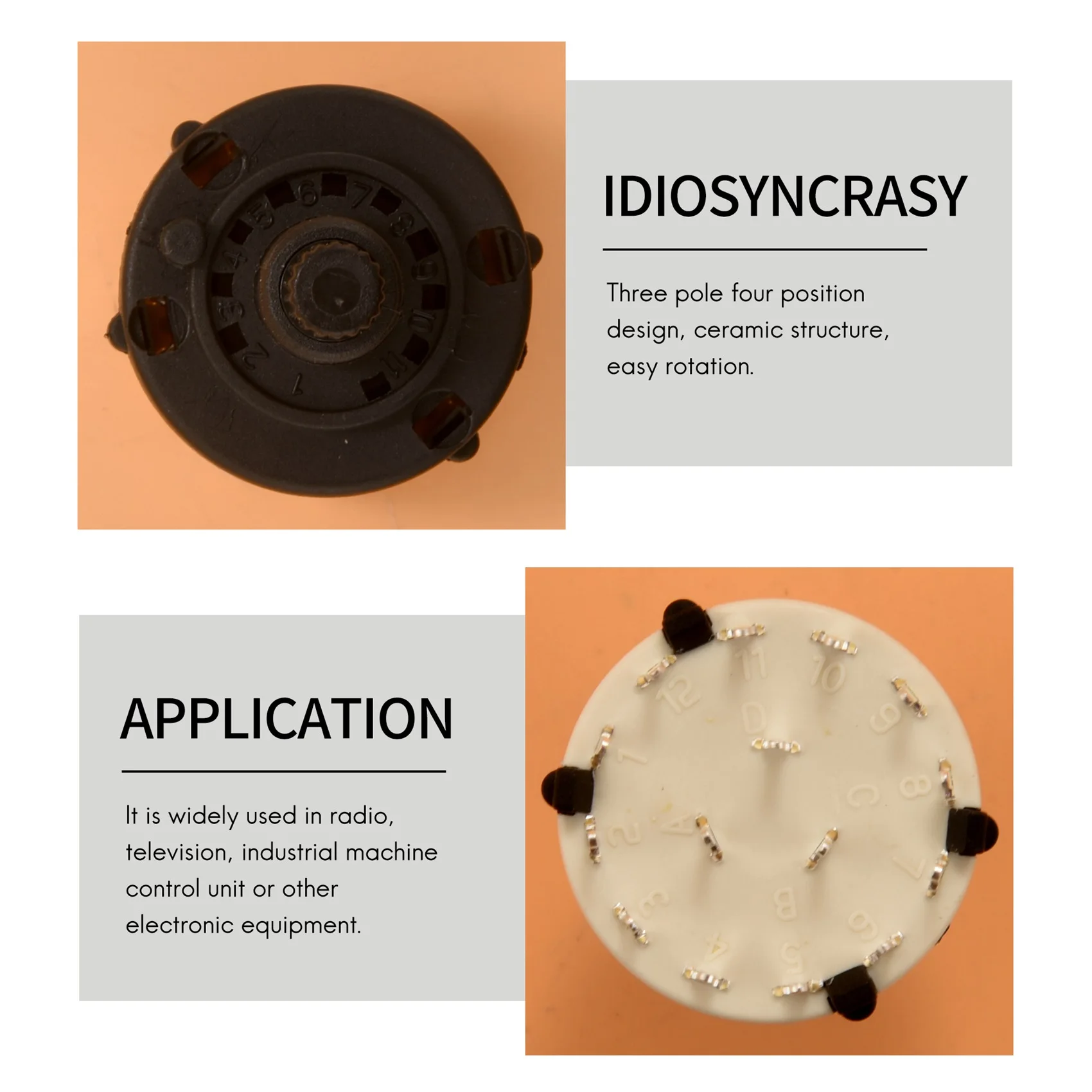 단일 웨이퍼 밴드 선택기 로터리 스위치, 노브 포함, 3P4T, 3 극, 4 위치