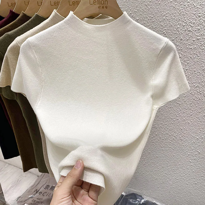 

Knitted Sweater Women Pullovers New Short Sleeve Mock Neck Black Knit Sweater Pullover Women Tops Sweaters Women Clothing Q1300