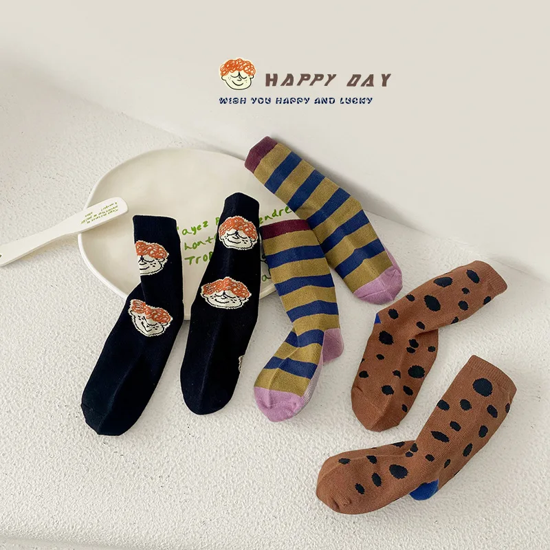 3 Pairs 1-12Year 2023 autumn children\'s socks polka dot horizontal strip color matching baby socks