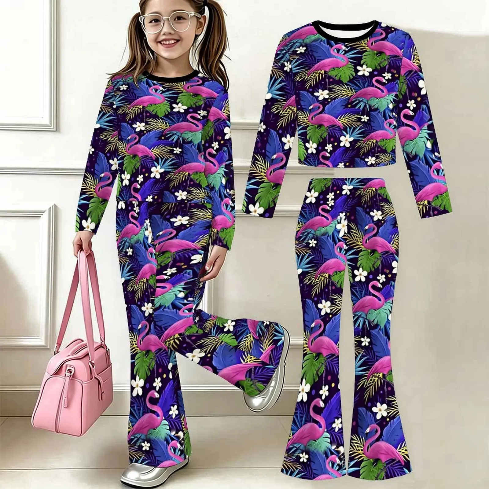Slim Two-piece Set Fashion Bell-bottomed Pants Children's Casual Pants Autumn Winter Girls' Trendy T-shirt Jogging Pants