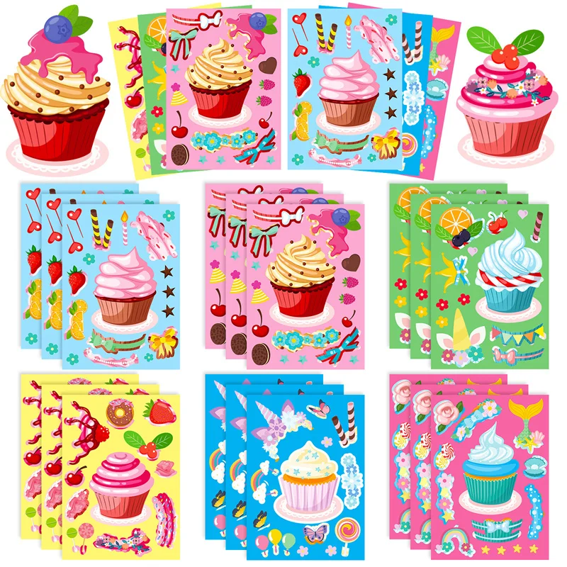 DIY Make-a-face Cupcake Stickers For Kids Boys Girls Make Your Own Dessert Stickers Puzzle Jigsaw Children Birthday Party Crafts