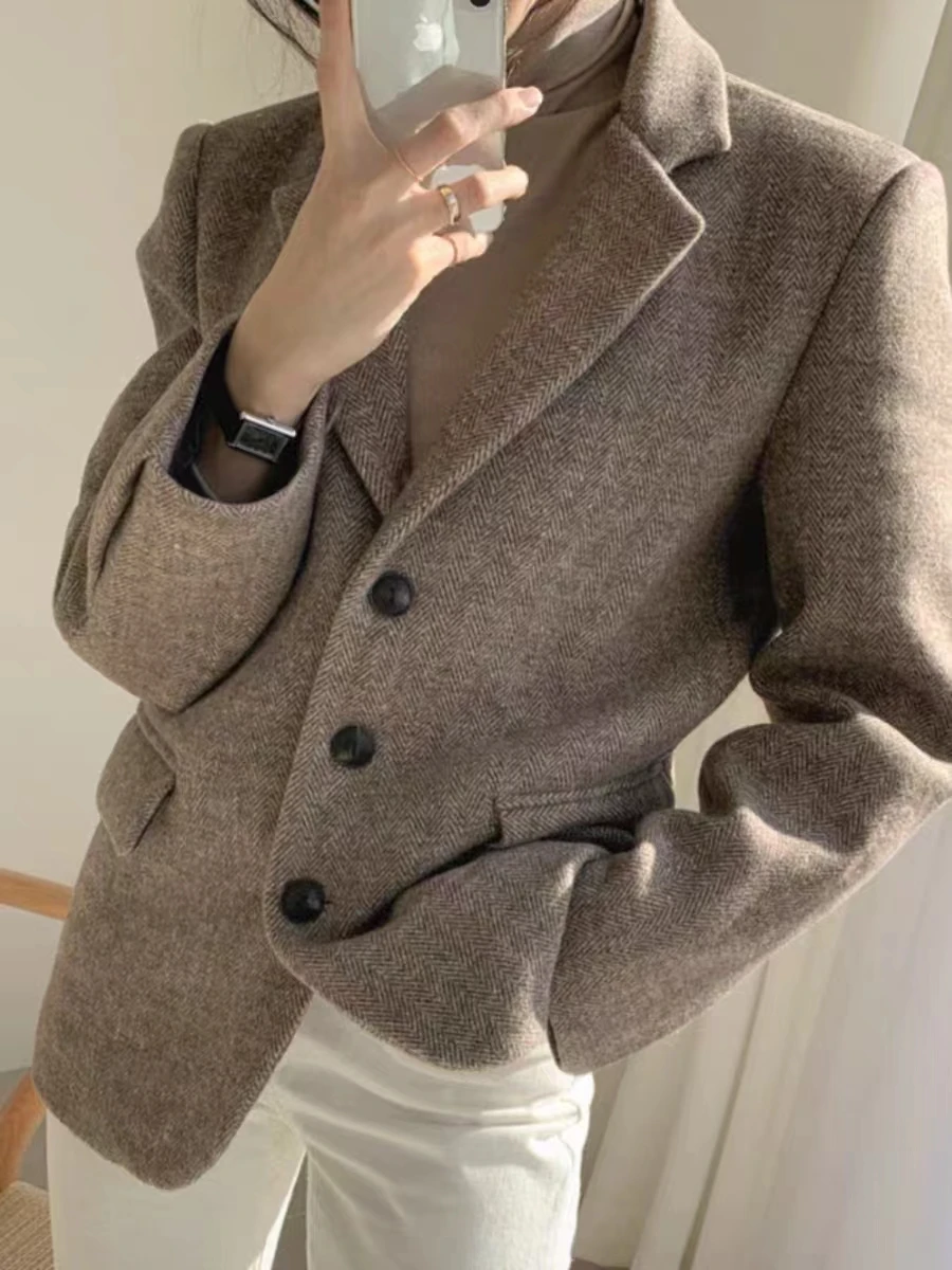 

Korean Style Women's Wool Suit Jacket 2024 Spring and Autumn New British Style Herringbone Coat Grey Slimming All-match Suit Top