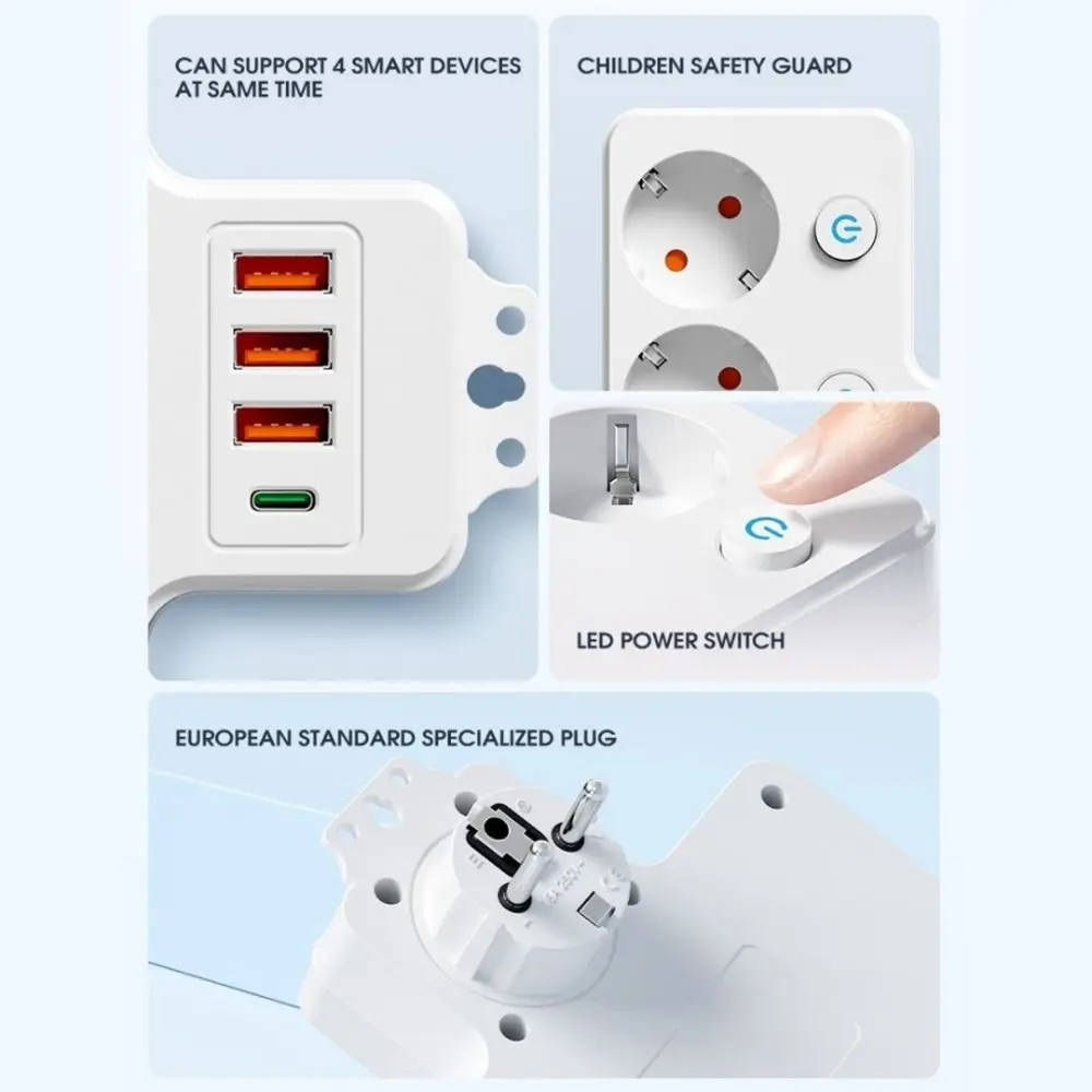 New EU Standard Power Strip Independent Switch Wall Mounted Charging Multiple Ports USB Charger Office Use
