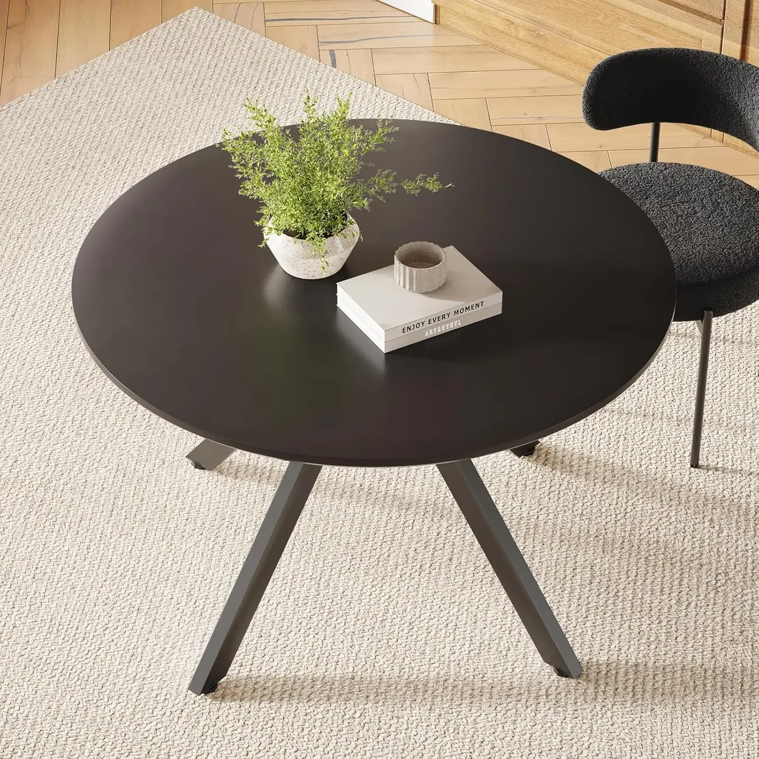 Mesa de comedor negra para 4-6 personas | Mesa de comedor redonda de madera de 47" |   y estructura de metal para escritorio de comedor de cocina casera (47 pulgadas, 120 cm)