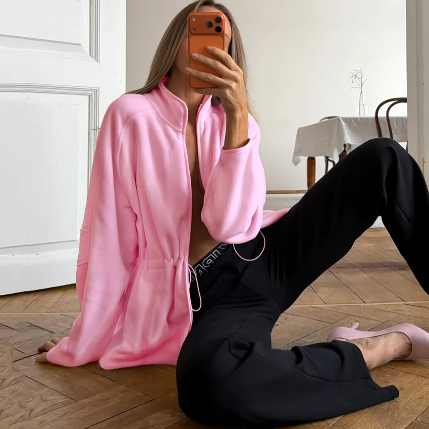 Women's Pink Polar Fleece Zip-Up Sweatshirt with Stand Collar