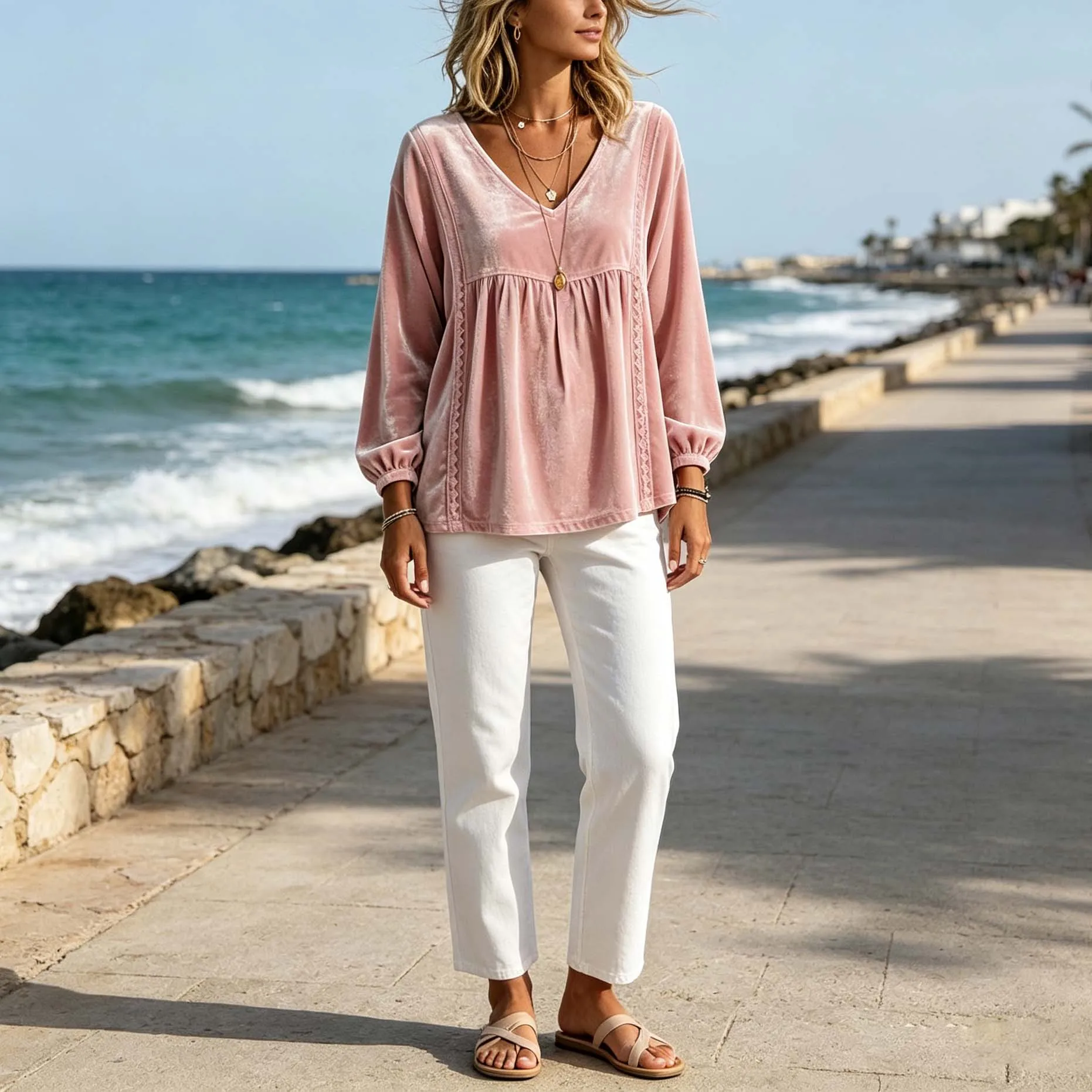 For Velvet Women\\\'s Casual For Top Solid Color for v Neck Long Sleeve Loose for Fit with Subtle Lace Trim for All Day Comfort