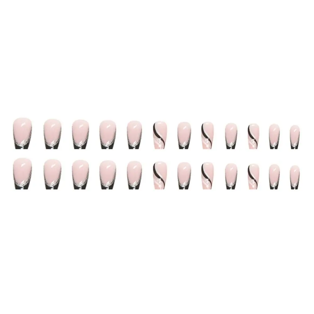 24 Uds puntas de uñas manicura cubierta completa prensa en uñas amor corazón uñas postizas bailarina brillo negro plata corto francés