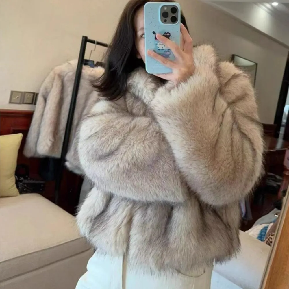 Winter Beige with Black tips Stand Collar Hairy Shaggy Faux Fur Coat Retro Loose Sleeve Soft Furry Short Outerwear