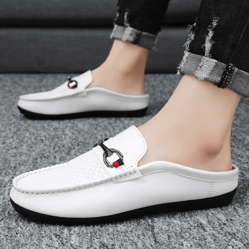 High Quality Fashion Men Genuine Leather Shoes Comfortable Soft Half Slippers Flats Casual Slip-on Loafers Work Driving Shoes