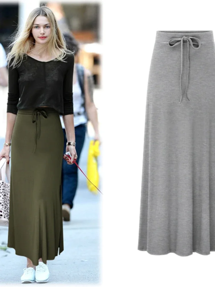 Plus Size Cotton Elastic Waist A-line Skirts Casual Autumn Mid Length Women Skirts 2023 Hip Slim Female Long Shed Bowknot Skirts