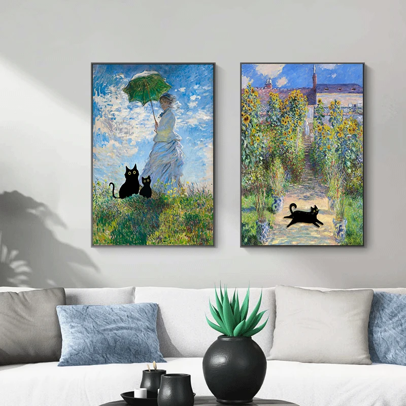 Claude Monet Artworks Interesting Cute Black Cat Lotus Pond Poster Canvas Paintings Wall Art Pictures for Living Room Home Decor