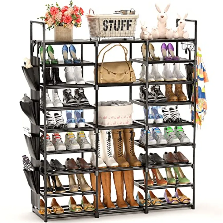 

Large Shoe Rack Organizer Storage 9 Tier Tall Shoes for Entryway Closet 60 Pair Shelf Stand Big Black Metal Free Standing Cabin
