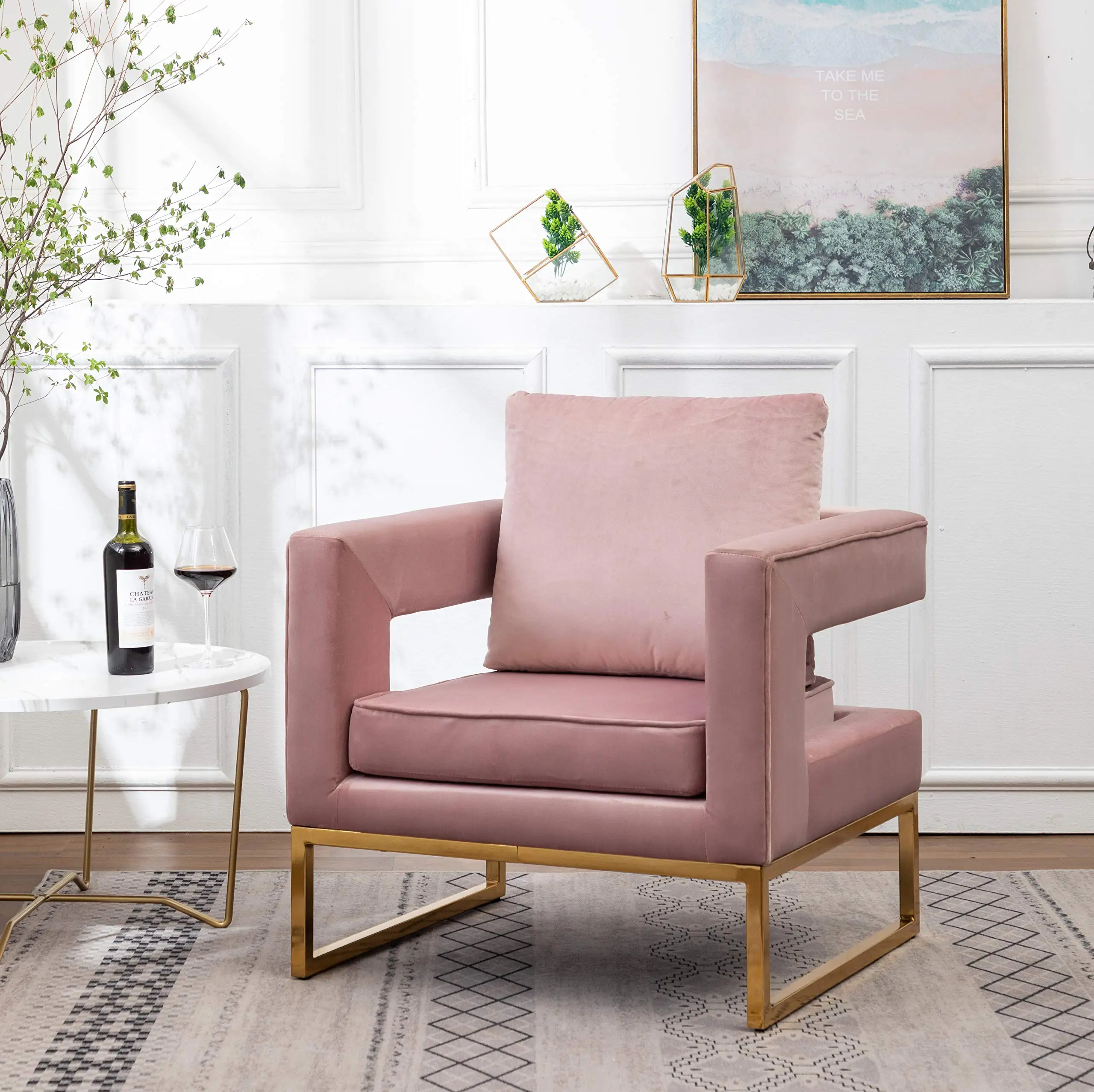 

Velvet Upholstered Accent Armchair With Cut-Out Square Arms Gold Tone Metal Frame