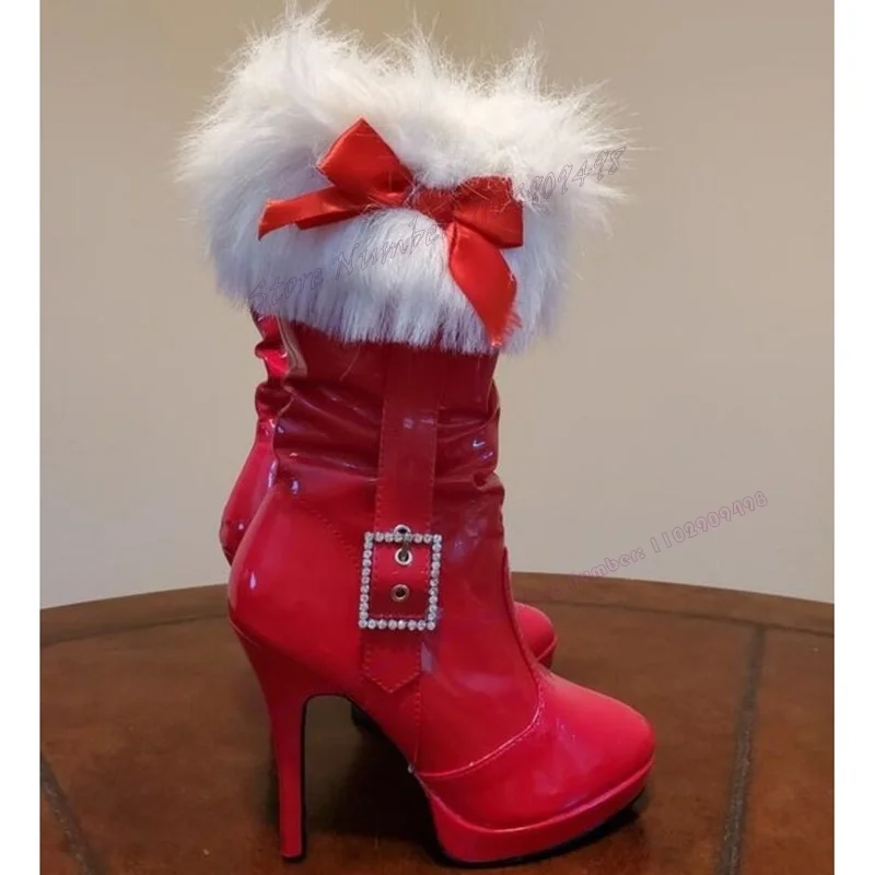 Red Patent Leather Fur Christmas Ankle Boots Crystal Bow Knot Pointy Toe Shoes for Women Platform Shoes 2023 Zapatos Para Mujere