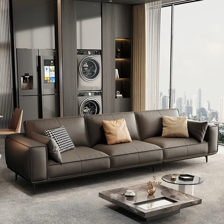 Italian sofa first layer cowhide straight row three people modern simple living room sofa
