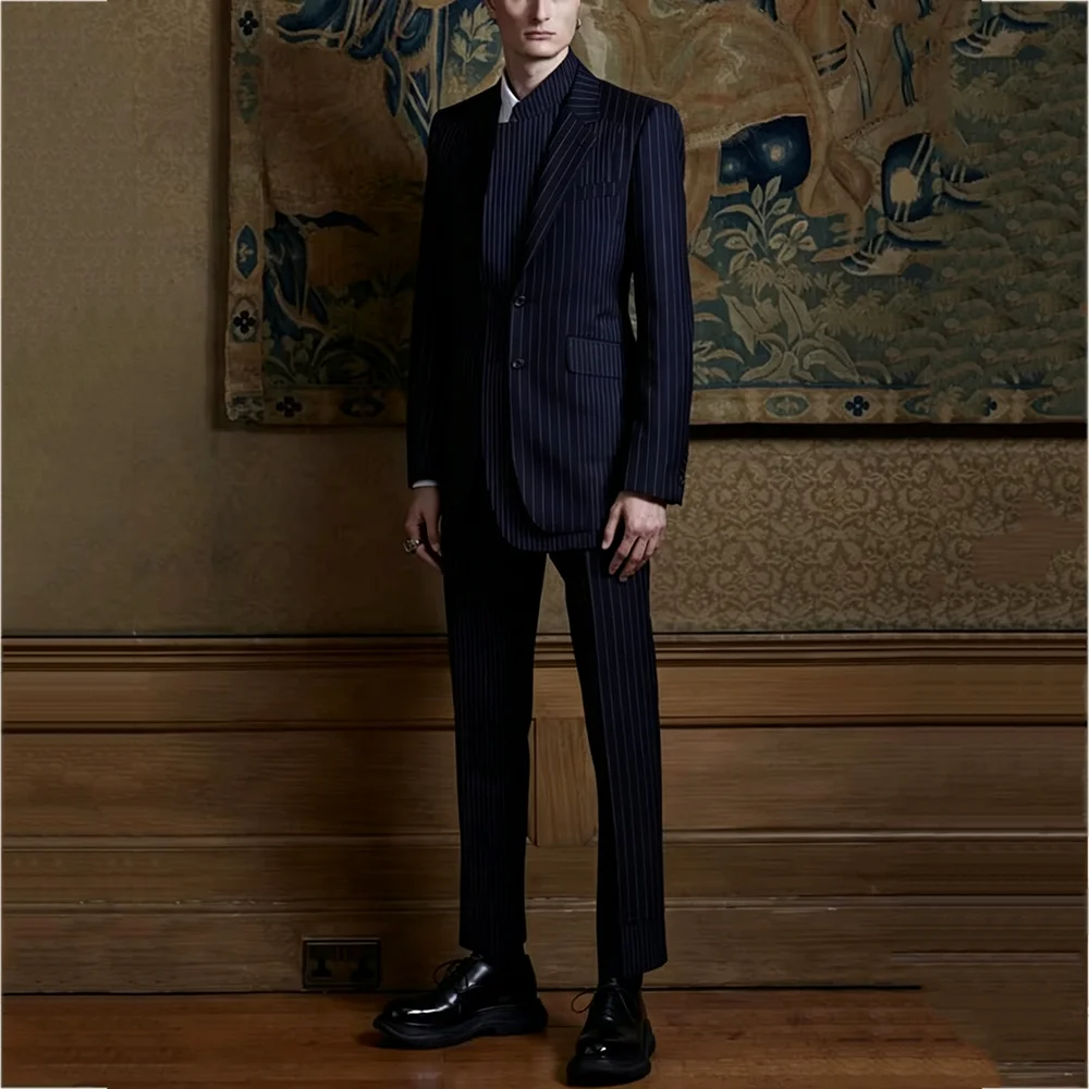 Men's Double Breasted Suit Navy Striped Blazer Pants Set Slim Fit Vintage Business Dinner Prom Party Classic Luxury Outfit