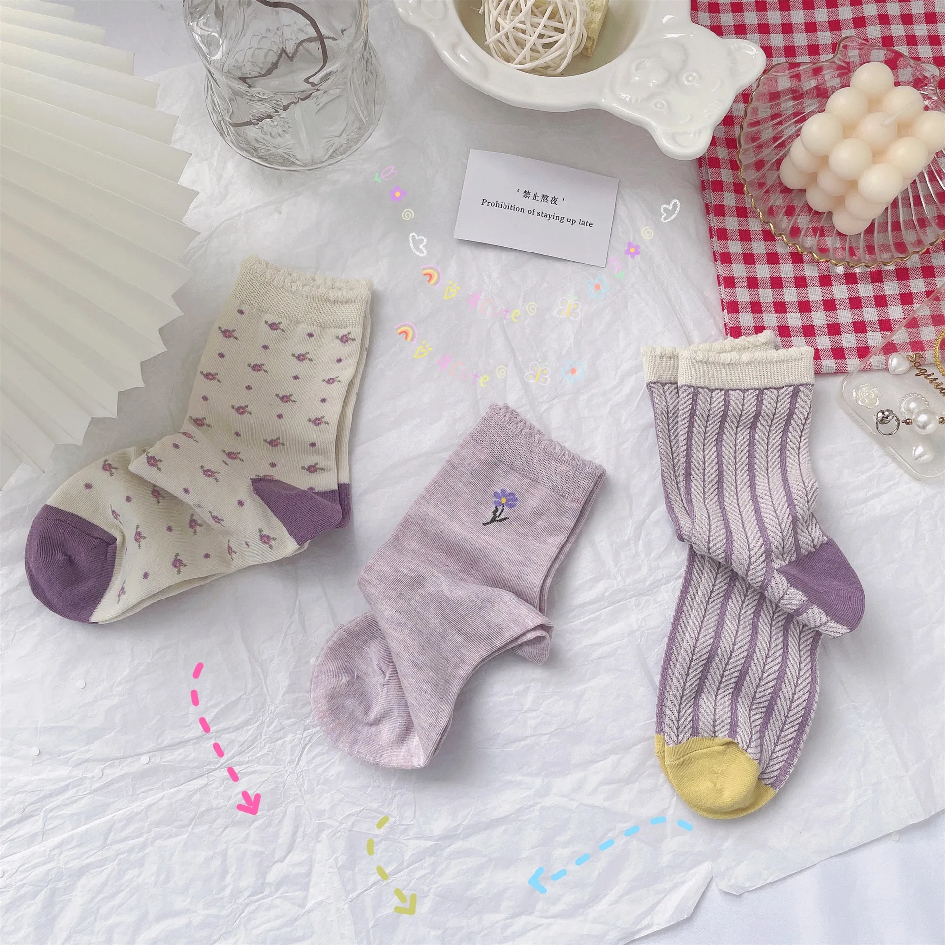 جديد وصول الربيع والخريف أرجواني أرجواني صغير الأزهار النمط الأدبي المرأة الجوارب القطنية