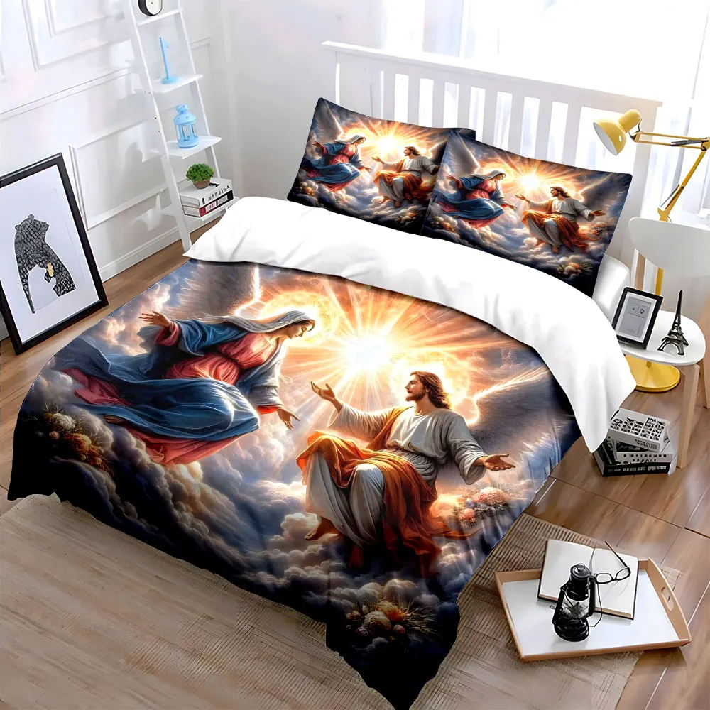 Angels Meeting in Divine Light Print Bedding Set 1 Duvet Cover 2 Pillowcases for Adult and Children Luxury Gift Full Size