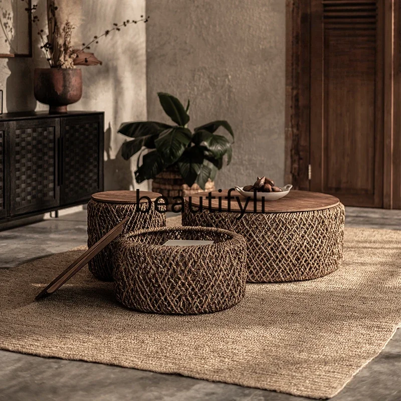 

Rattan woven coffee table Round South East Asia style teak furniture