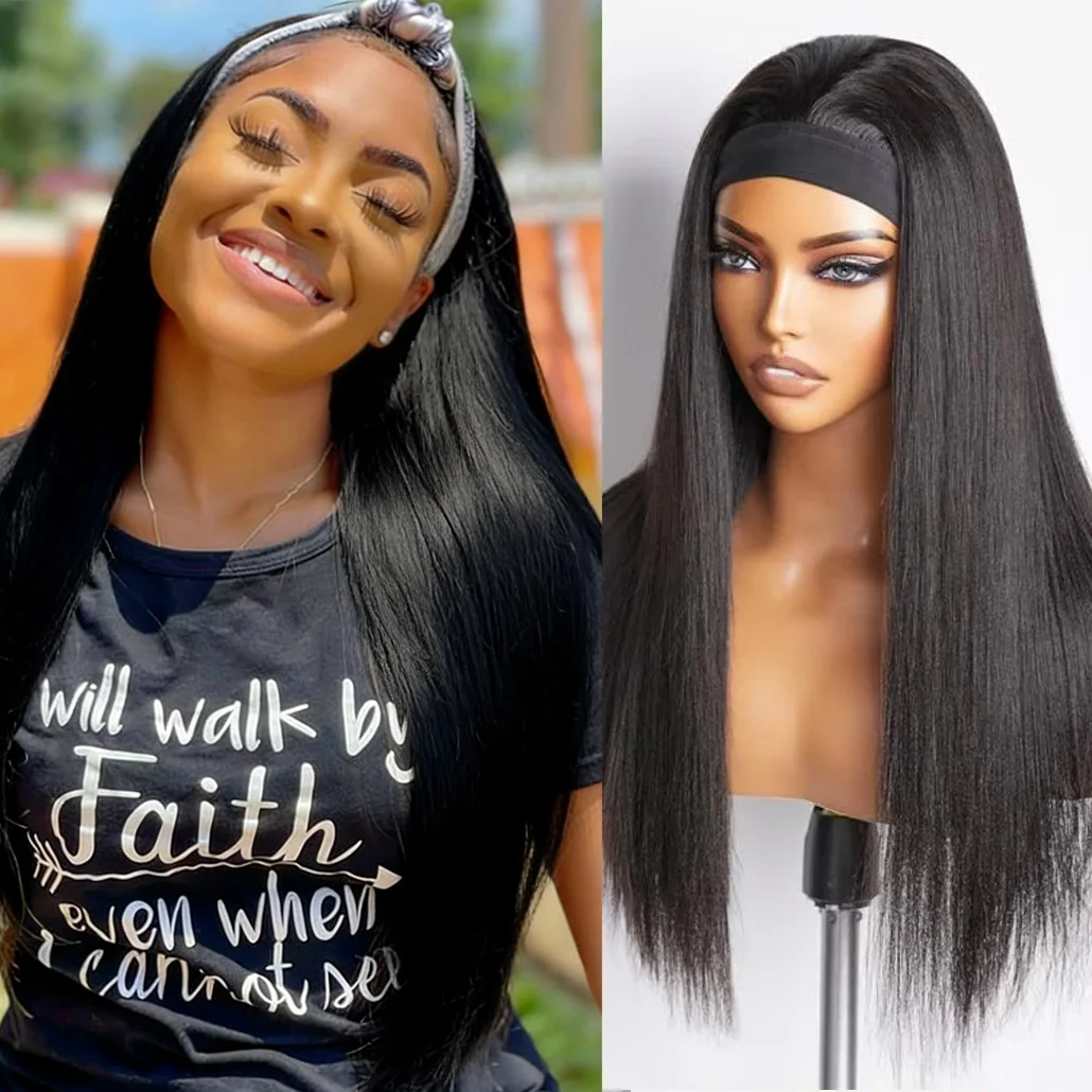 

Прямые парики с повязкой на голову из натуральных волос - черные, полностью машинной работы, для чернокожих женщин, 16-30 дюймов, волосы Реми