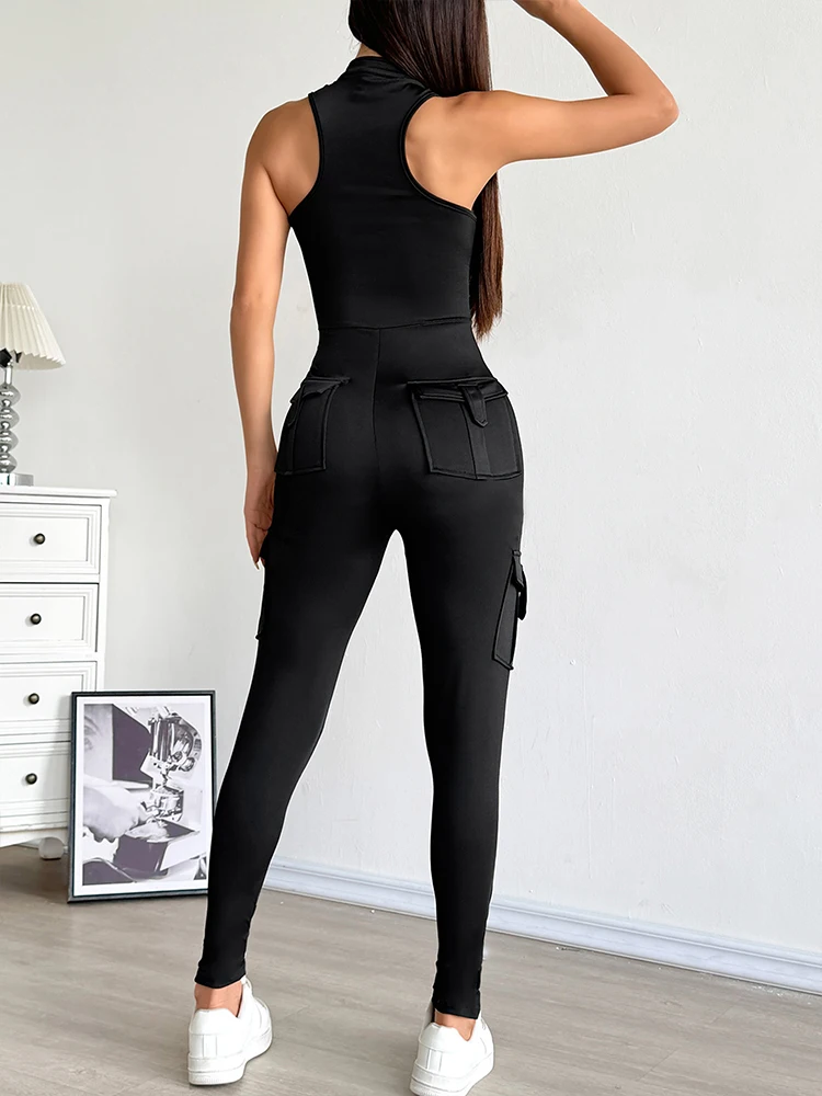 블랙 섹시한 여성 점프 슈트 봄 여름 새로운 streetwear 패션 지퍼 포켓 점프 슈트 우아한 여성 캐주얼 슬림 의류