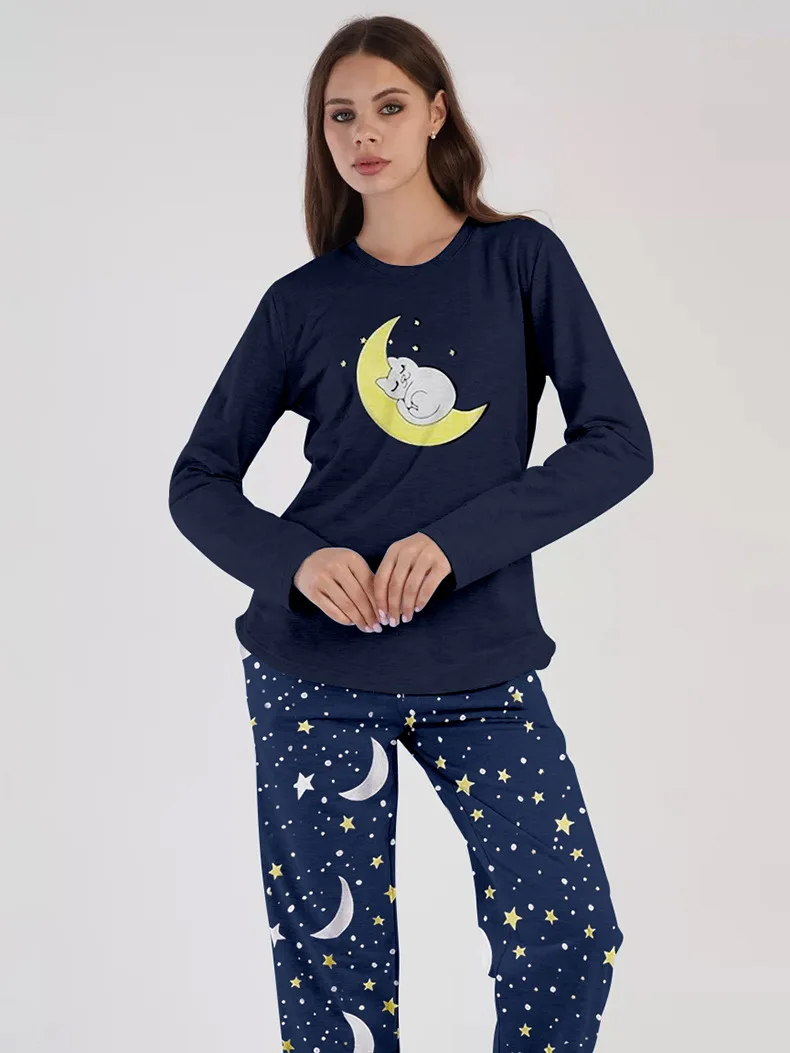 2PCS/Set Women Clothes Casual Pajamas Cute Sweet Cartoon Print Moon Elephant Pattern Ladies Floral Long-Sleeved Spring Homewear