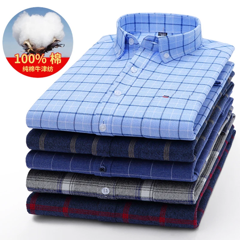 100% cotton 2024 new 6XL 7XL men's shirt Autumn and winter ground wool check non-ironing high quality leisure slim fashion