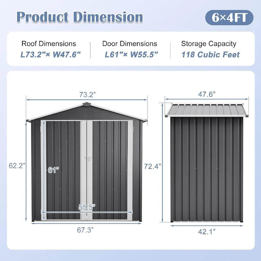 6'x4' Outdoor Storage Shed, Galvanized Metal, Gray, All-Weather Utility Tool Shed with Lockable Double Door, Floor Base 4 Vents