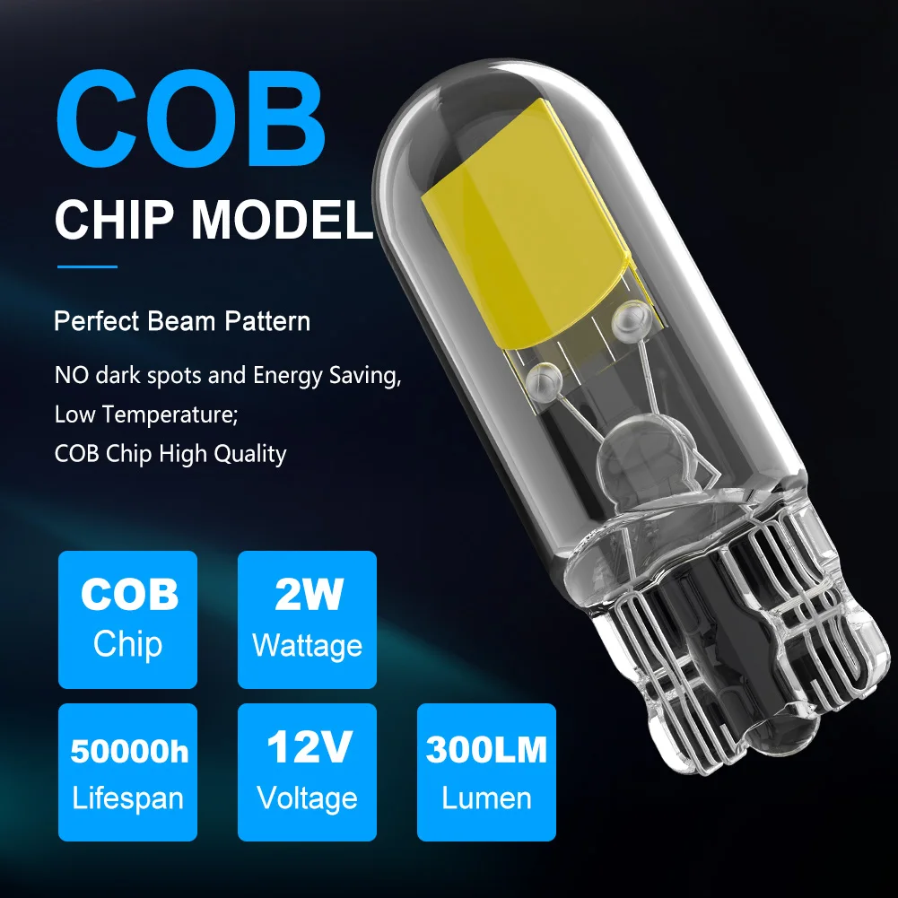 NAO W5W T10 LED Light For Car Interior Lamp 5W5 12V 6500K 194 168 COB Glass Auto Indicator License Plates Dome Map Reading Bulb