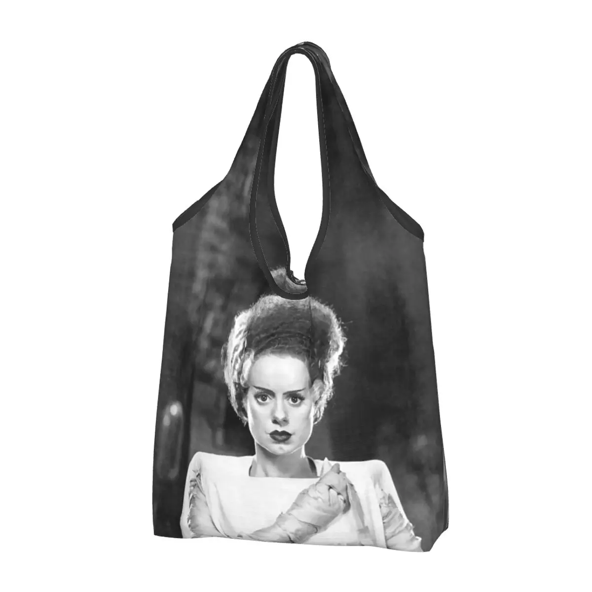 

Custom Fashion Bride Of Frankenstein Shopping Tote Bag Portable Horror Film Groceries Shopper Shoulder Bag