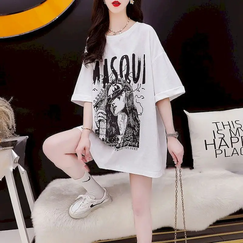 

95% Cotton T Shirt Women Korean Street Style Short Sleeve Top Summer Trend Thin T-shirt Fashion Print Mid-length Oversize Tshirt