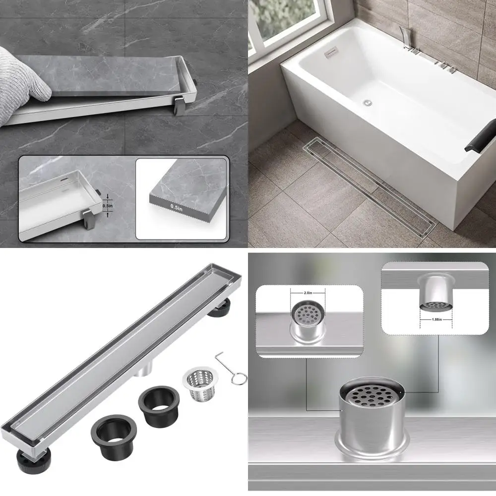 

32 Rectangular Tile Insert Shower Drain, Brushed Nickel, 304 Stainless Steel with Hair Catcher