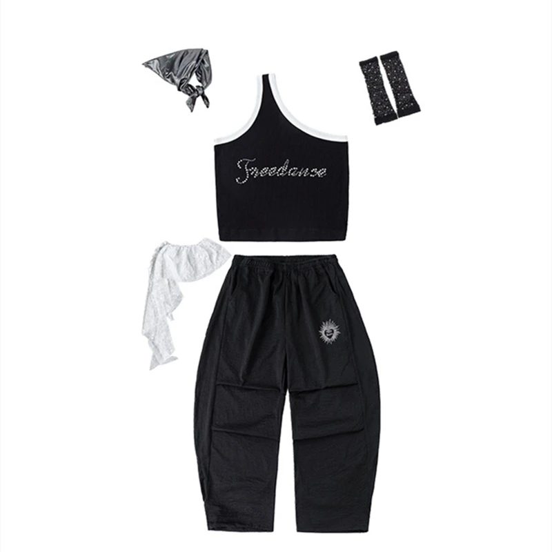Mädchen Hip Hop Jazz Dance Anzug One-Shoulder Weste Crop Top Lange Hose Bühne Kinder Kpop Kostüme Teenager Street Performance Outfits